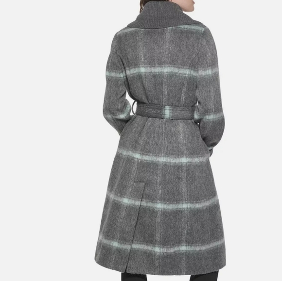 DKNY Women's Knit-Collar Belted Wrap Coat Charcoal Grey NEW - Picture 6 of 9